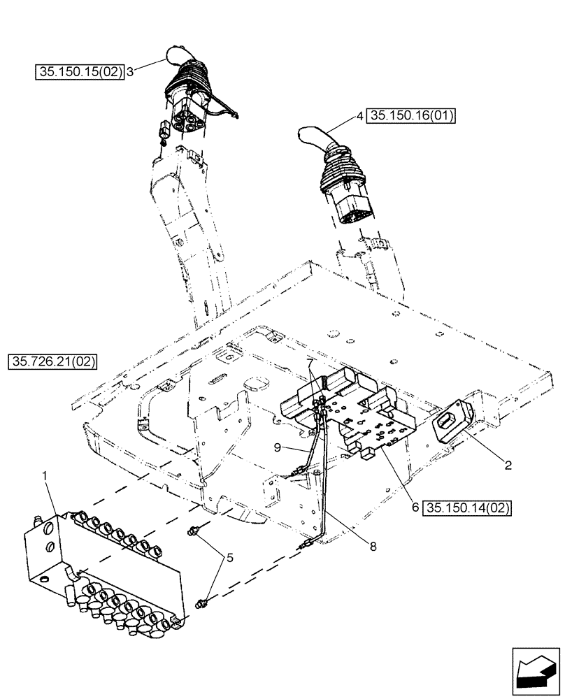 Схема запчастей Case 580SM - (35.726.06) - HYDRAULICS - VALVE, PILOT CONTROL AND JOYSTICKS (7 SPOOL, W/O EXT DIPPER, W/ AUX HYDS) (580SM) (35) - HYDRAULIC SYSTEMS