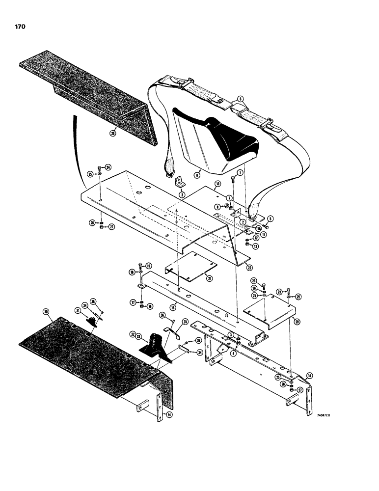 Схема запчастей Case 1830 - (170) - HEAT SHIELD, SEAT BELT AND SEAT (90) - PLATFORM, CAB, BODYWORK AND DECALS