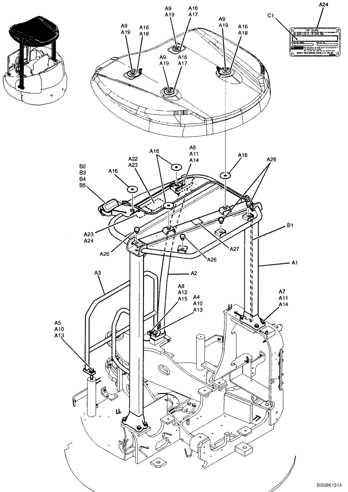 Схема запчастей Case CX27B BTW - (01-055) - CANOPY ASSY (PW06C00036F1, PW80E00006F1, PW22T00169F1) (90) - PLATFORM, CAB, BODYWORK AND DECALS