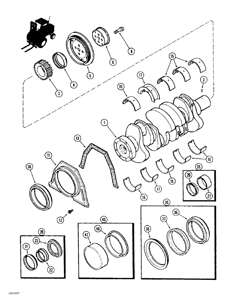 Схема запчастей Case 586E - (2-36) - CRANKSHAFT, PRIOR TO P.I.N. JJG0251722, 4-390 ENGINE (02) - ENGINE