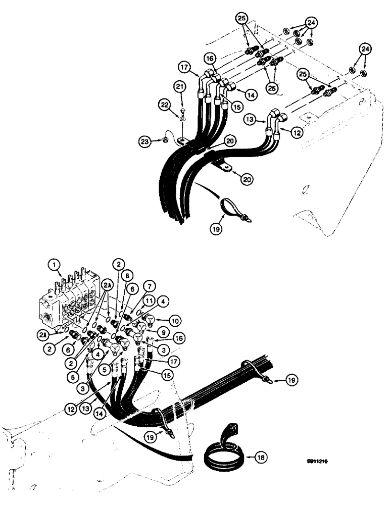 Схема запчастей Case 660 - (8-008) - BASIC HYDRAULIC CIRCUIT, ATTACHMENT CONTROL VALVE TO FRONT BULKHEAD, PLATE FOR BACKFILL HYDRAULICS (08) - HYDRAULICS