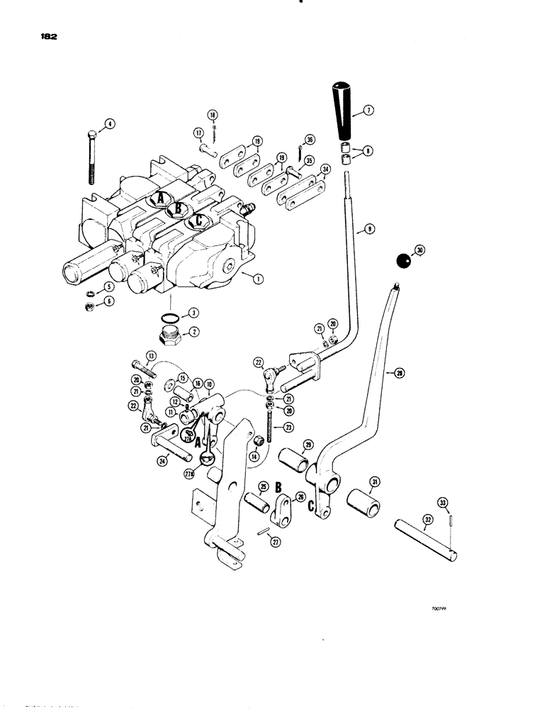 Схема запчастей Case 1150 - (182) - EQUIPMENT CONTROL VALVE AND LEVERS, 3 SPOOL DOZER (07) - HYDRAULIC SYSTEM