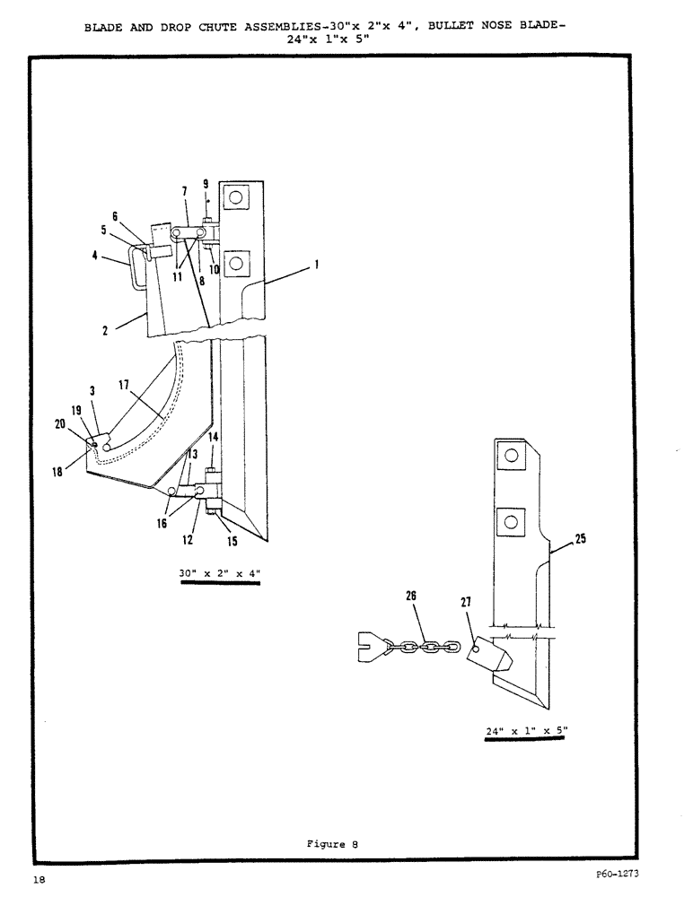 Схема запчастей Case P-60 - (18) - BLADE AND DROP CHUTE ASSEMBLIES-30" X 2" X 4", BULLET NOSE BLADE- 24" X 1" 5" 