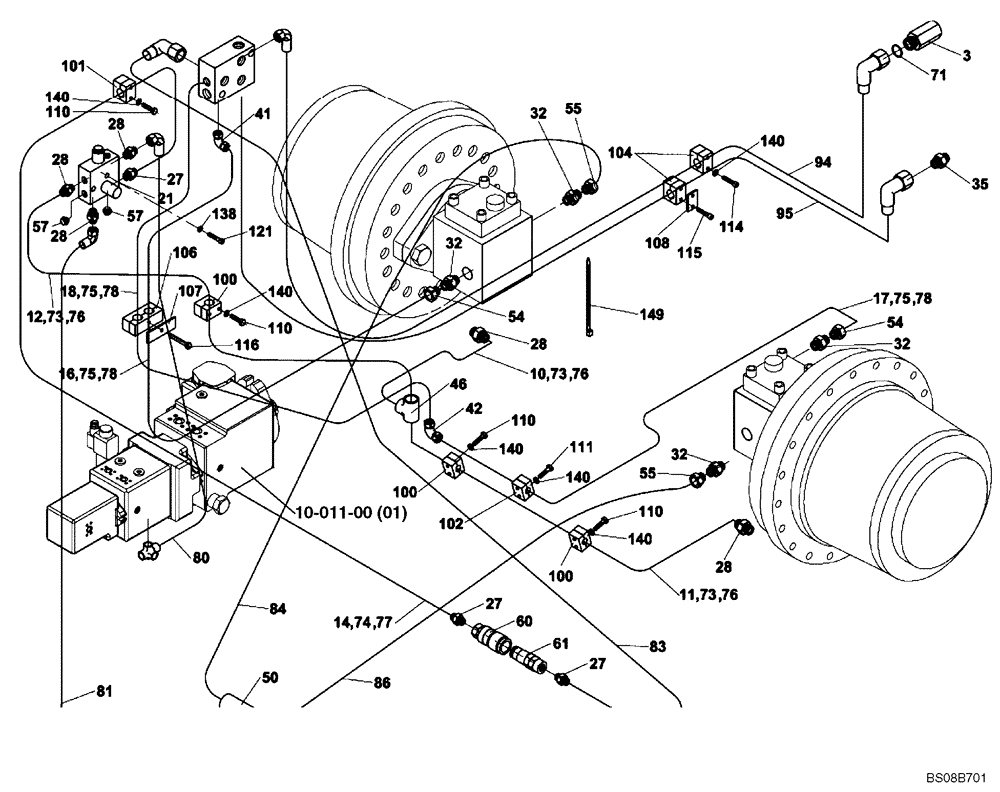 Схема запчастей Case SV210 - (10-004-00[01]) - HYDRAULIC SYSTEM OF TRAVEL, REAR (A) (GROUP 305) (ND132337) (08) - HYDRAULICS