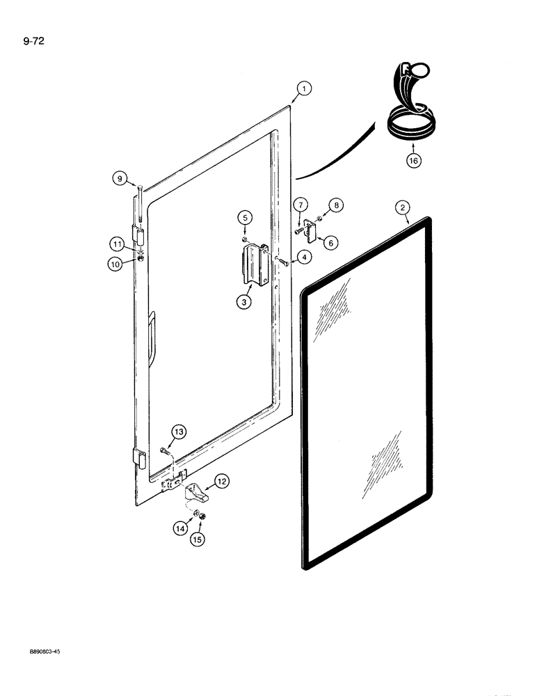 Схема запчастей Case 721 - (9-072) - RIGHT-HAND CAB WINDOW, CABS WITH ALUMINUM LATCHES FOR WINDOW (09) - CHASSIS/ATTACHMENTS