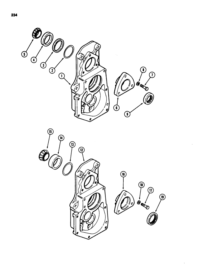 Схема запчастей Case 580D - (234) - TRANSAXLE MAINSHAFT ADJUSTING COVER, FOUR WHEEL DRIVE (06) - POWER TRAIN