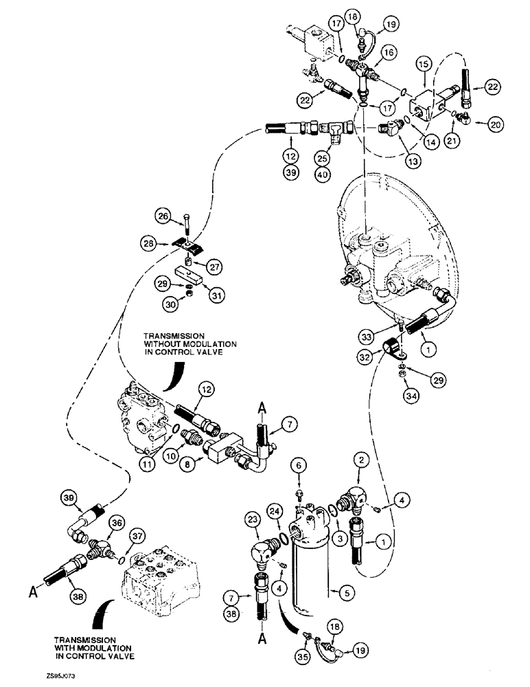 Схема запчастей Case 550E - (6-38) - TRANSMISSION HYDRAULIC CIRCUIT, TORQUE CONVERTER TO TRANSMISSION (06) - POWER TRAIN