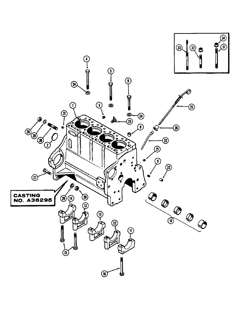 Схема запчастей Case 430CK - (033E) - CYLINDER BLOCK ASSEMBLY, (188) DIESEL ENGINE, CASTING NUMBER A36295, WITH NARROW FLANGED SLEEVES 