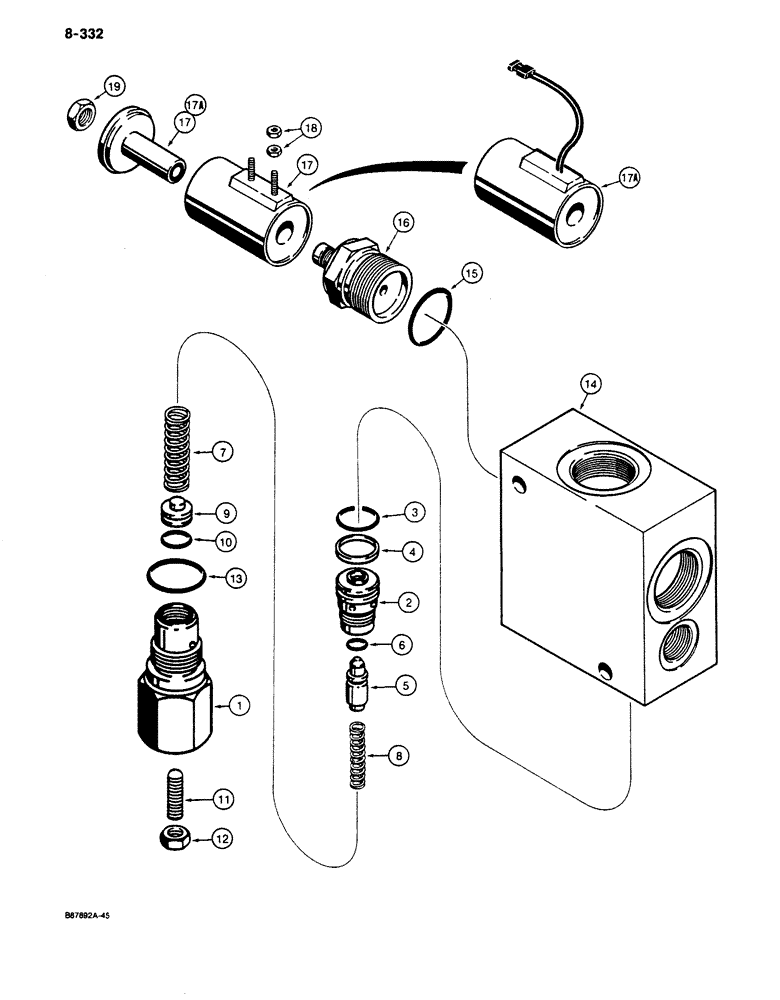 Схема запчастей Case 680K - (8-332) - SOLENOID RELIEF VALVE, USED ON MODELS WITH 12 OR 24 VOLT ELECTRICAL CIRCUIT (08) - HYDRAULICS