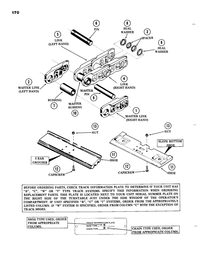 Схема запчастей Case 980B - (170) - TRACKS, SHOES, PINS AND LINKS, (USED ON UNITS WITH PIN 6203831 THROUGH 6203989) (04) - UNDERCARRIAGE