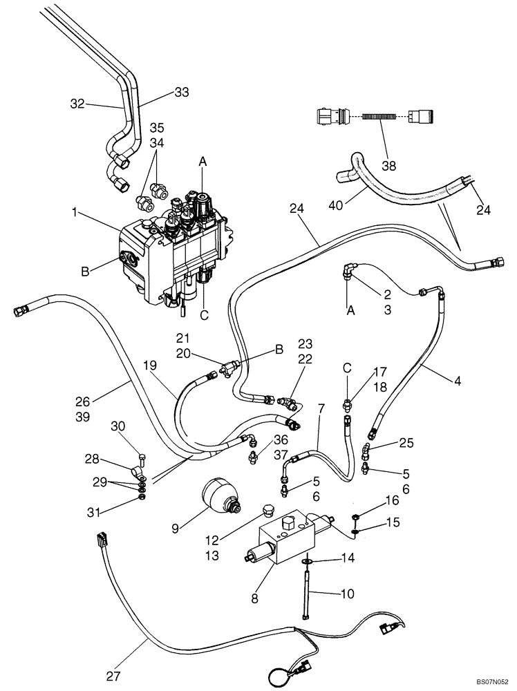 Схема запчастей Case 590SM - (08-07B) - HYDRAULICS - LOADER CLAM, AT ACCUMULATOR W/ ELECTRICAL (MODELS WITH PILOT CONTROLS) (590SM+) (08) - HYDRAULICS