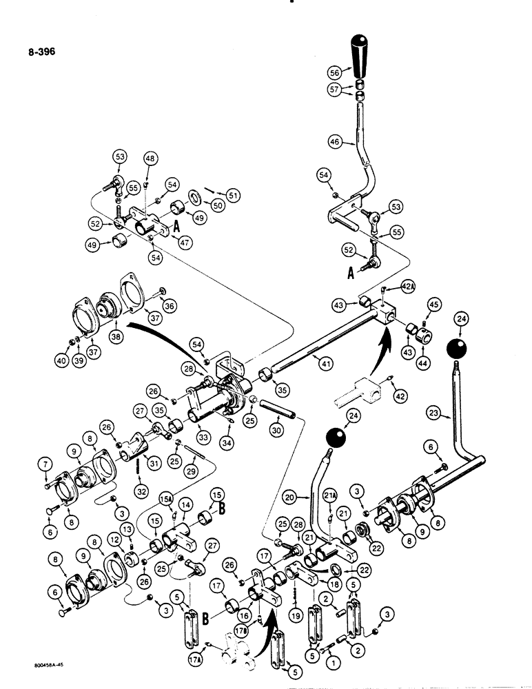 Схема запчастей Case 1455B - (8-396) - EQUIPMENT CONTROL VALVE AND LEVERS, THREE LEVERS - FOUR SPOOL VALVE (08) - HYDRAULICS