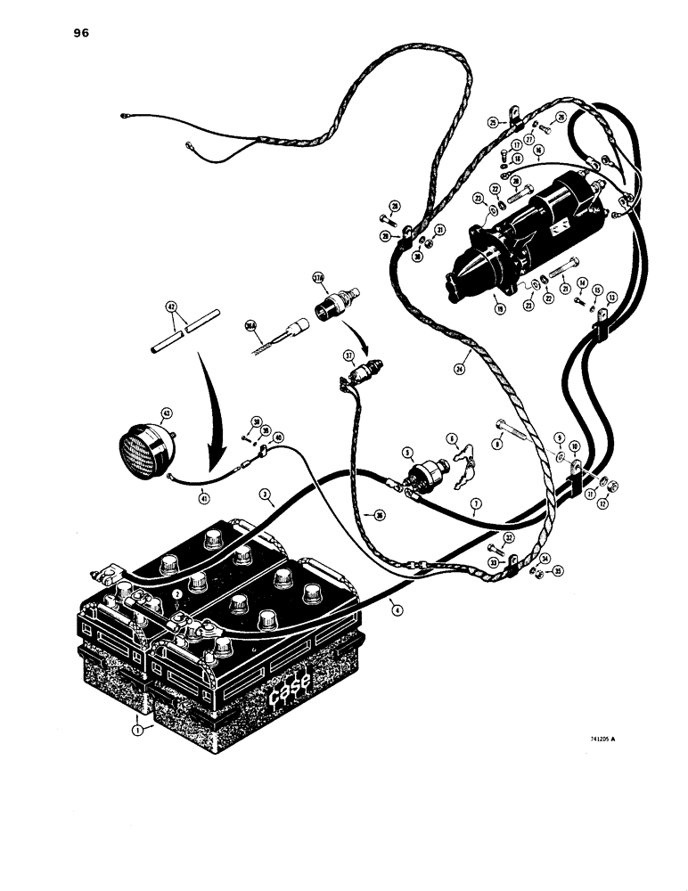 Схема запчастей Case 1450 - (096) - REAR ELECTRICAL WIRING, INSTRUMENT PANEL TO STARTER, BATTERY USED BEFORE TRAC SN 8380101 (04) - ELECTRICAL SYSTEMS