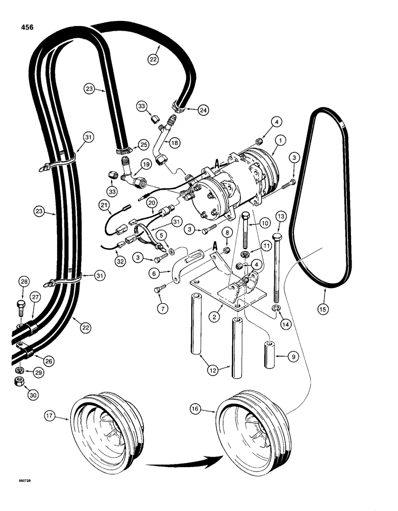 Схема запчастей Case 1150D - (456) - AIR CONDITIONING SYSTEM, COMPRESSOR AND CONNECTIONS, MODELS W/COMPRESSOR PORTS ON L.H. SIDE (09) - CHASSIS/ATTACHMENTS