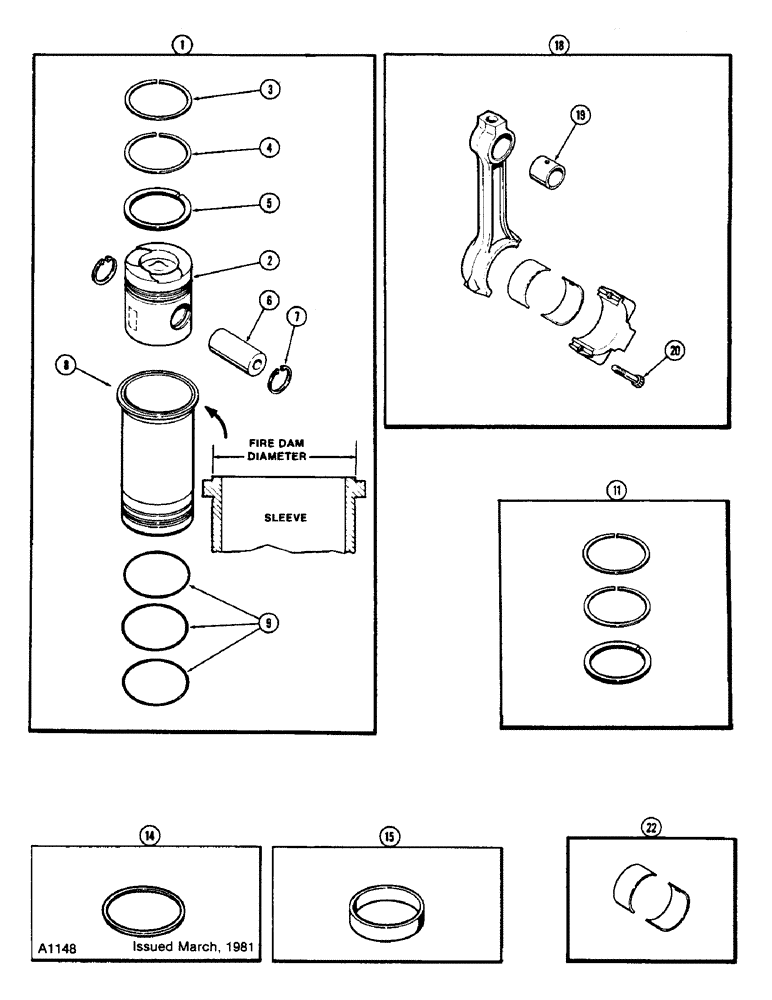 Схема запчастей Case 400C - (031A) - PISTONS AND SLEEVES, WITH 5.189 INCH TO 5.194 INCH FIRE DAM DIAMETER SLEEVE, (336B) DIESEL ENGINE (02) - ENGINE