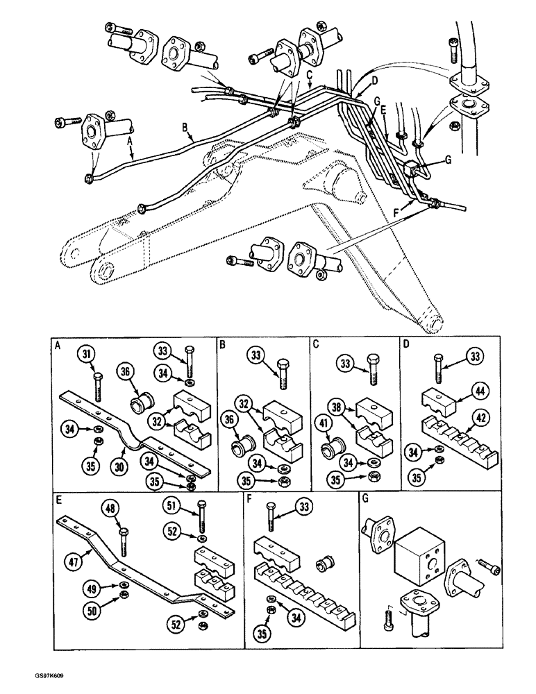 Схема запчастей Case 220B - (8-096) - BOOM ARM AND TOOL CYLINDER CIRCUITS, TUBES & CLAMPS AT BOOM, PIN 74441-74597, PIN 03201 & AFT, CONT (08) - HYDRAULICS