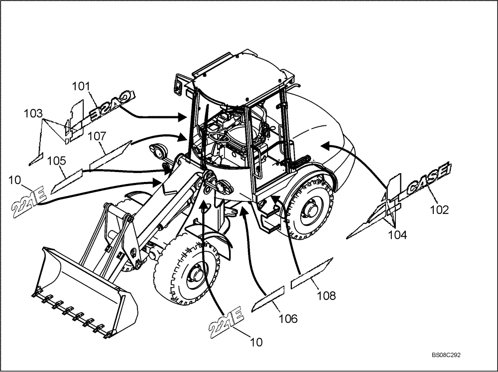 Схема запчастей Case 221E - (91.000[2943077001]) - DECAL KIT DESIGN (90) - PLATFORM, CAB, BODYWORK AND DECALS