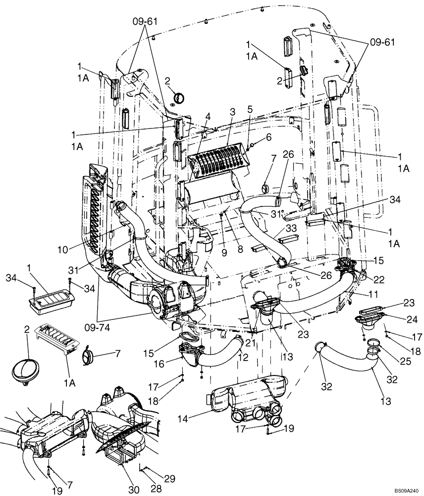 Схема запчастей Case 521E - (09-75) - CAB - HEATER AND AIR CONDITIONING DUCTS (09) - CHASSIS