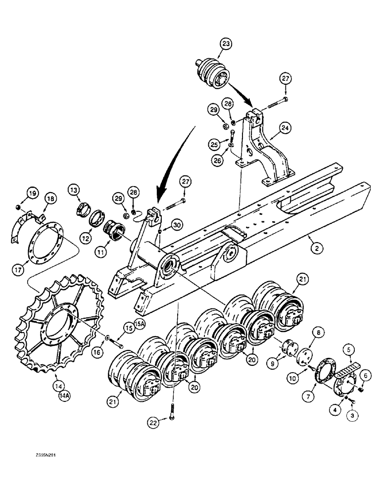 Схема запчастей Case 1150E - (5-04) - TRACK FRAME, SPROCKET, AND ROLLERS, DRAWBAR MODELS (11) - TRACKS/STEERING