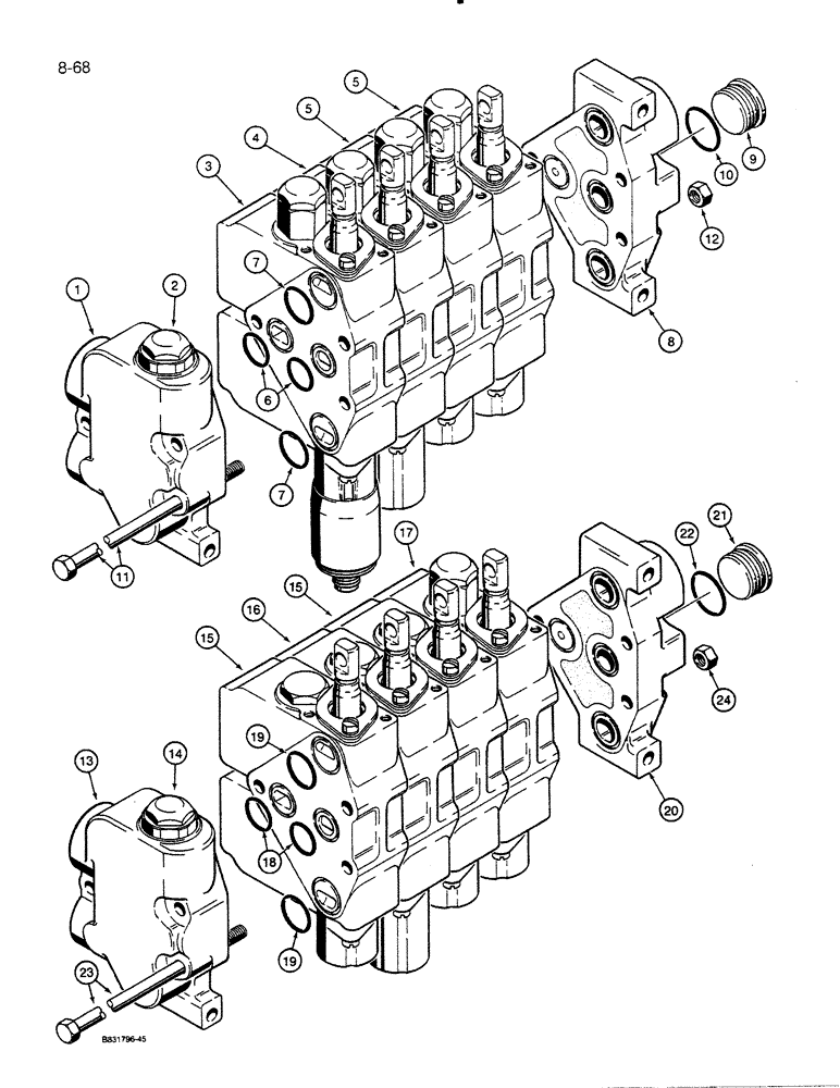 Схема запчастей Case 455C - (8-68) - FOUR SPOOL CONTROL VALVES, LOADER AND DOZER MODELS (08) - HYDRAULICS