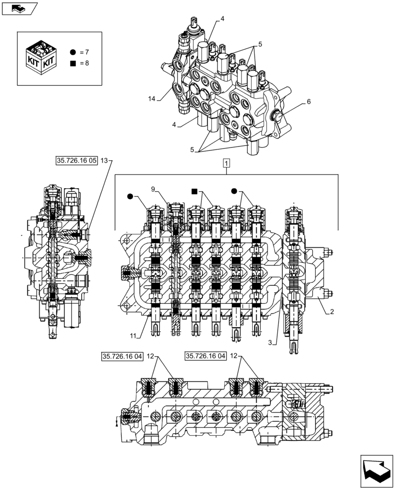 Схема запчастей Case 580SN WT - (35.726.1605[01]) - BACKHOE CONTROL VALVE, 7-SPOOL, COMPONENTS, W/ STANDARD DIPPER, W/ 2 LEVER CONTROLS, W/ DOUBLE AUXILIARY HYDRAULICS - C7373 (35) - HYDRAULIC SYSTEMS