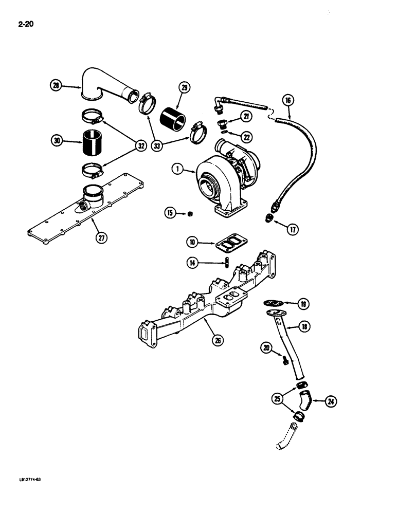 Схема запчастей Case 680L - (2-20) - TURBOCHARGER SYSTEM, 6T-590 ENGINE (02) - ENGINE