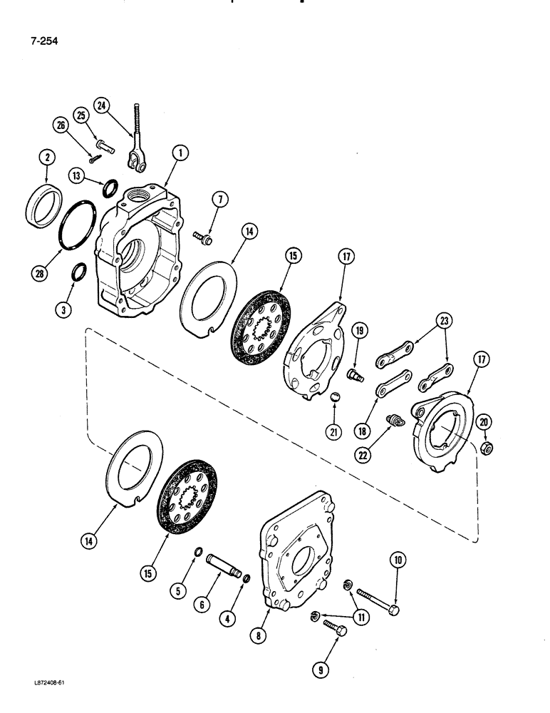 Схема запчастей Case 580K - (07-254) - TRANSAXLE DIFFERENTIAL BRAKE HOUSING AND BRAKE (07) - BRAKES