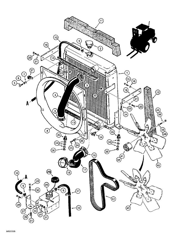 Схема запчастей Case 585E - (2-02) - RADIATOR, FAN AND MOUNTING PARTS, PRIOR TO P.I.N. JJG0251722 (02) - ENGINE