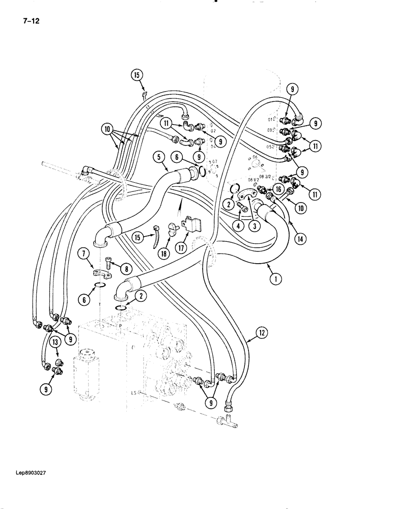 Схема запчастей Case 888 - (7-012) - PRESSURE AND RETURN LINE, TO DRIVE CONTROL VALVE, P.I.N. FROM 15263 AND AFTER (07) - BRAKES