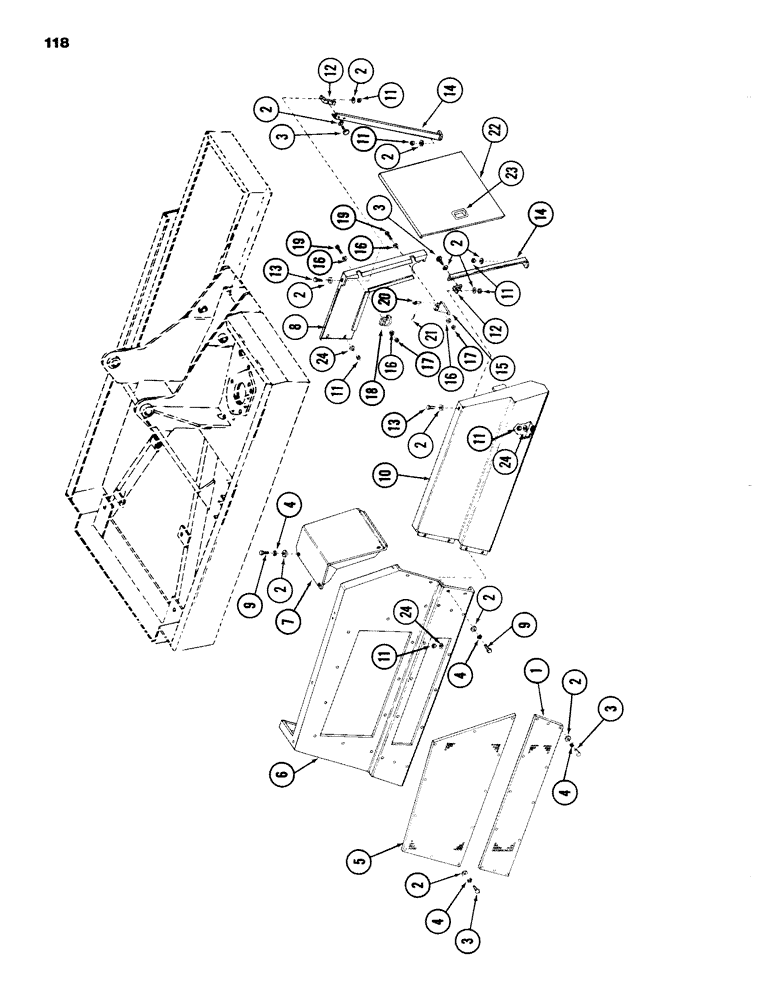 Схема запчастей Case 980B - (118) - ENGINE SHROUD, (RIGHT SIDE AND FRONT), (USED ON UNITS PRIOR TO PIN 6204051) (05) - UPPERSTRUCTURE CHASSIS