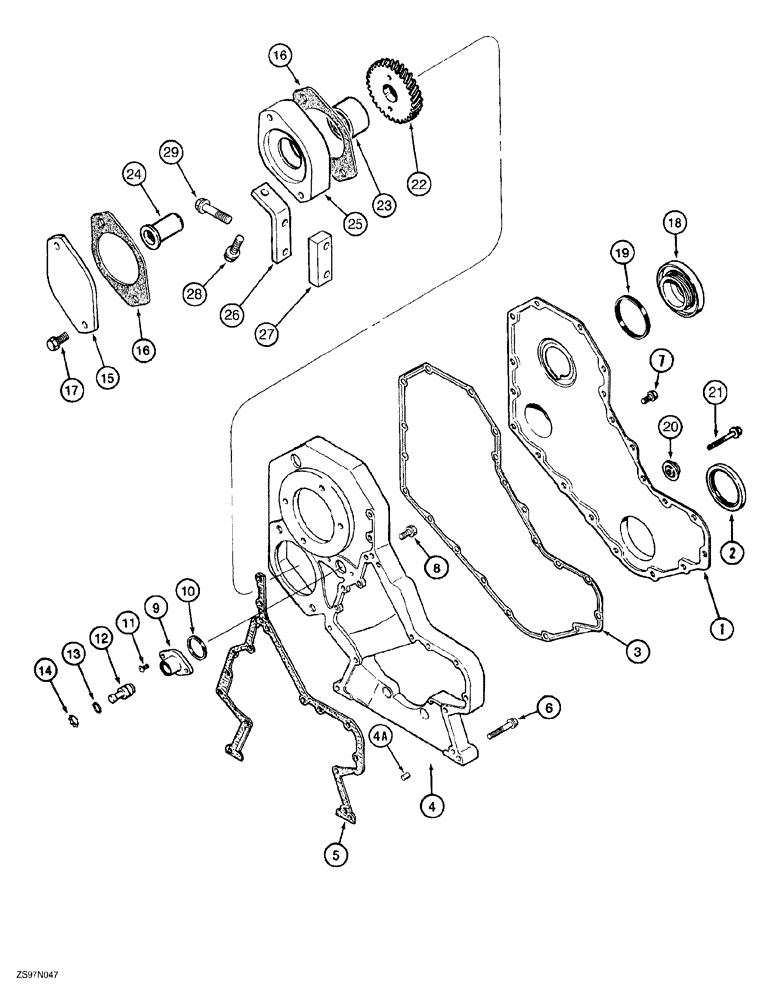 Схема запчастей Case 650G - (2-21A) - FRONT GEAR COVER 4T-390 EMISSIONS CERTIFIED ENGINE CRAWLER P.I.N. JJG0216449 AND AFTER (02) - ENGINE