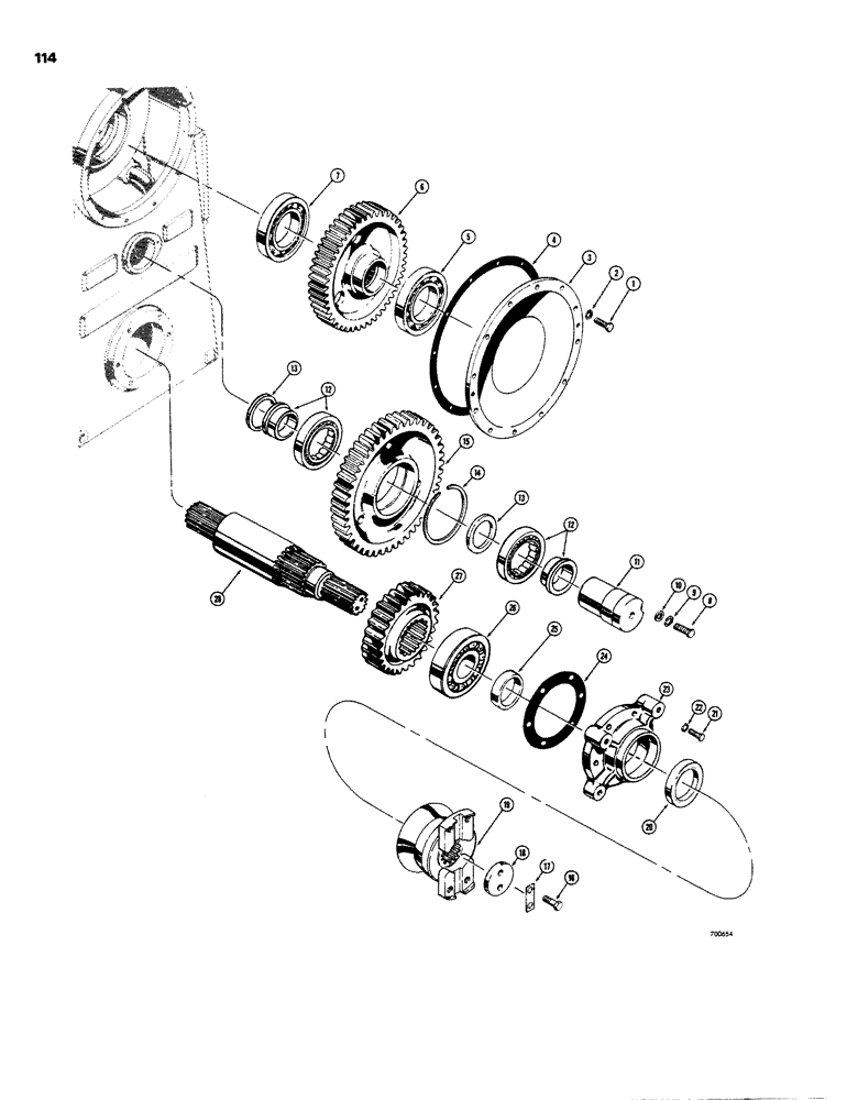 Схема запчастей Case W26B - (114) - TRANSMISSION, TRANSFER GEARS AND OUTPUT SHAFT (06) - POWER TRAIN