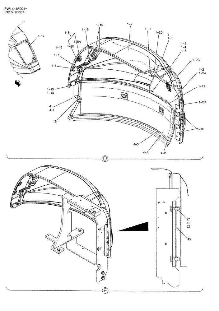 Схема запчастей Case CX36B - (01-069) - GUARD INSTAL (CAB), P/N PW21C00027F1 (05) - SUPERSTRUCTURE