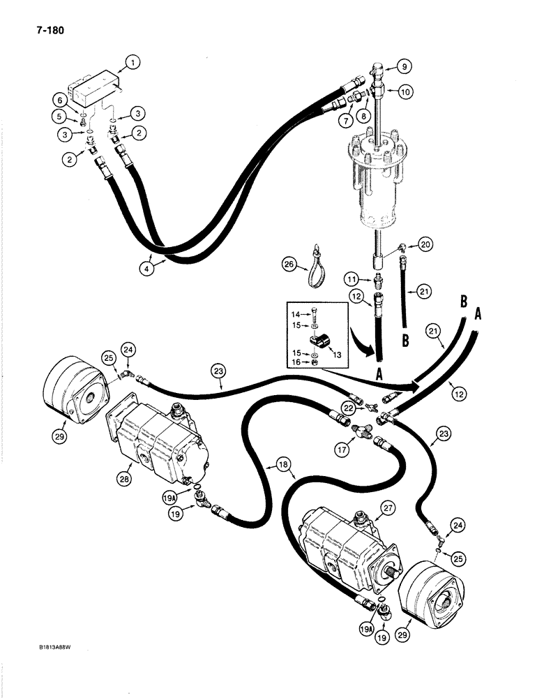 Схема запчастей Case 1187B - (7-180) - DRIVE RANGE AND BRAKE HYDRAULIC LINES, USED ON MODELS WITH P.I.N. 6275638 AND AFTER (07) - BRAKES