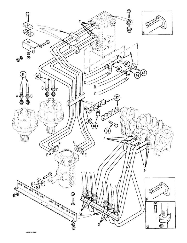 Схема запчастей Case 170C - (8-064) - HYDRLC CIRCT FROM MAIN CONTRL VLVS,TO SWIVL,SWING MOTORS & CYLINDERS,PIN 74644-74662,PIN 02301 & AFT (08) - HYDRAULICS