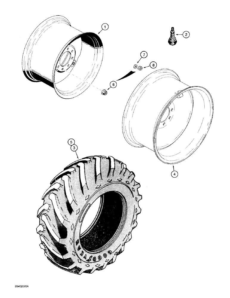 Схема запчастей Case 580SK - (6-02) - REAR WHEELS AND TIRES, FOR TWO WHEEL OR FOUR WHEEL DRIVE MODELS (06) - POWER TRAIN