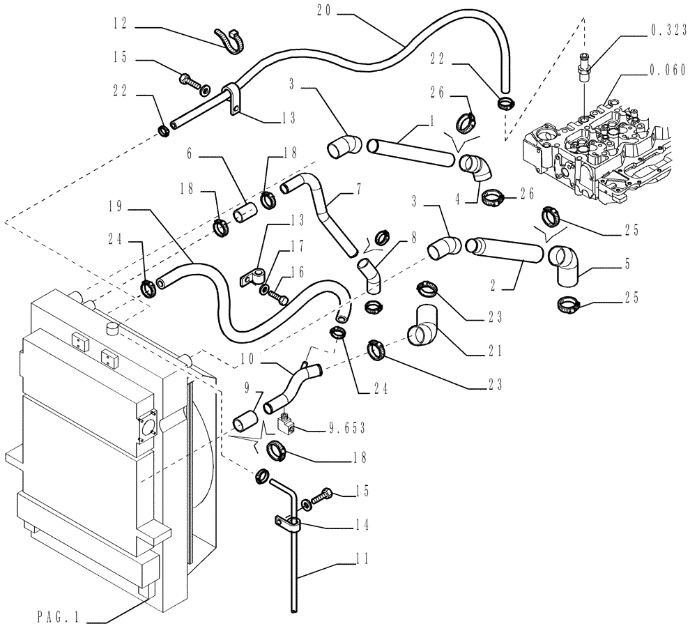 Схема запчастей Case 1850K - (0.550[04]) - ENGINE COOLING SYSTEM - PIPING (01) - ENGINE