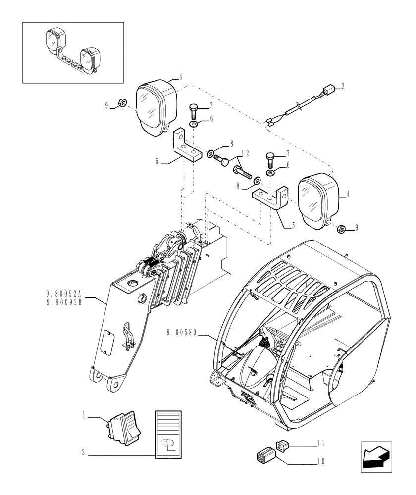 Схема запчастей Case TX1055 - (9.00772[01]) - BOOM WORK LIGHTS - OPTIONAL CODE 749086001 (55) - ELECTRICAL SYSTEMS