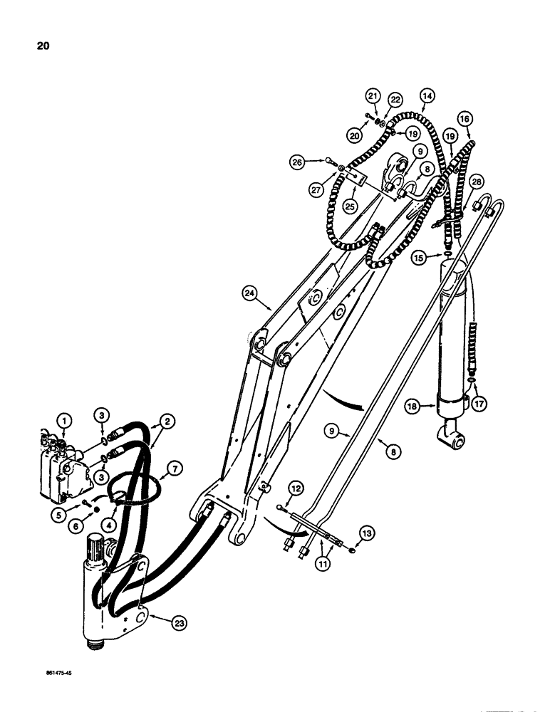 Схема запчастей Case D100 - (8-020) - BACKHOE BUCKET CYLINDER HYDRAULIC CIRCUIT, USED ON 1835C AND 1845C UNI-LOADERS W/ CESSNA VALVE 