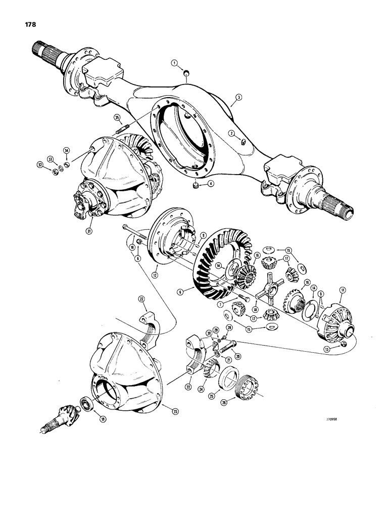 Схема запчастей Case W24B - (178) - FRONT AXLE DIFFERENTIAL, PINION, RING GEAR AND DIFFERENTIAL CASE (06) - POWER TRAIN