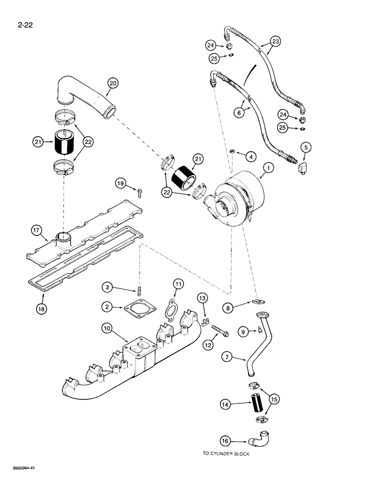 Схема запчастей Case 721 - (2-22) - TURBOCHARGER SYSTEM AND MANIFOLDS, 6T-830 ENGINE (02) - ENGINE