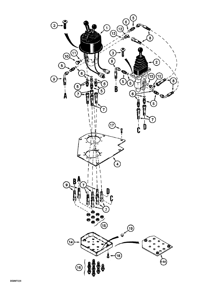 Схема запчастей Case 721B - (8-070) - REMOTE LOADER CONTROL CIRCUIT, THREE LEVERS WITH THREE SPOOL VALVE (08) - HYDRAULICS