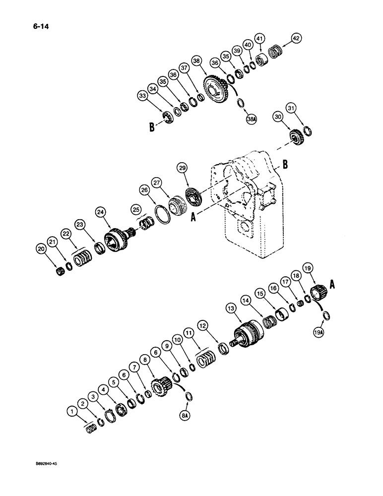 Схема запчастей Case 1085C - (6-14) - TRANSMISSION, FORWARD, REVERSE AND SECOND SPEED CLUTCHES, GEAR, SHAFTS AND BEARINGS (06) - POWER TRAIN