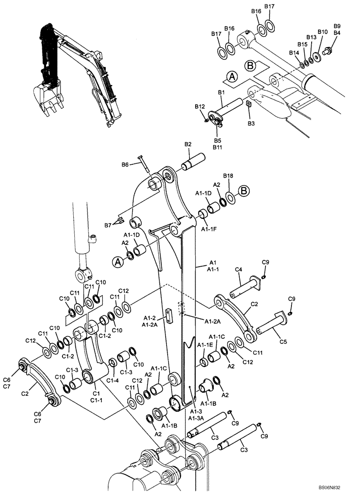 Схема запчастей Case CX17B - (03-006[00]) - ARM ASSY, STANDARD 0.98M (3 FT 2 IN) (PU12B00049F1) (84) - BOOMS, DIPPERS & BUCKETS