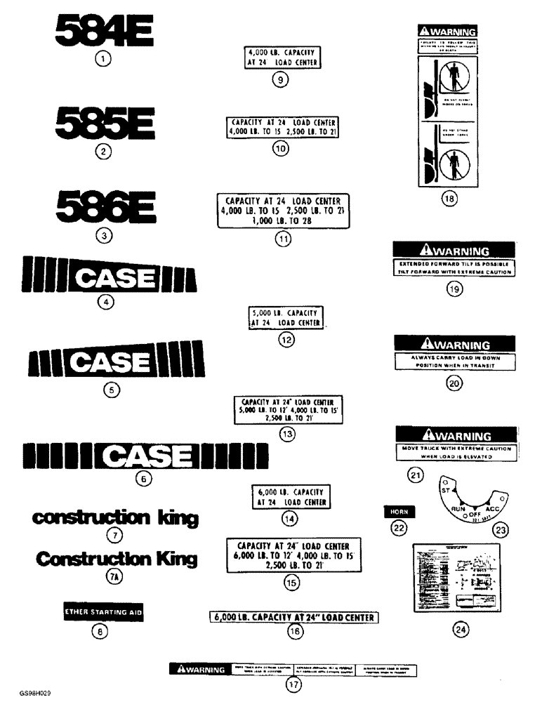 Схема запчастей Case 586E - (9-148) - DECALS, MODELS WITH SINGLE LIFT CYLINDER MASTS (09) - CHASSIS/ATTACHMENTS