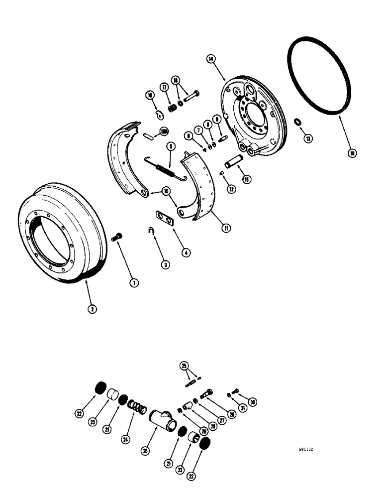 Схема запчастей Case W9C - (176) - L15393 FRONT RIGID AXLE, FRONT BRAKE DRUM AND LININGS (06) - POWER TRAIN