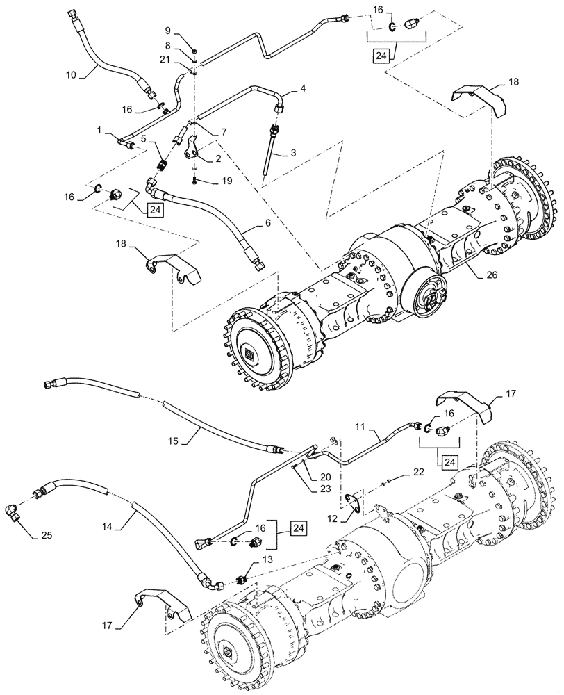 Схема запчастей Case 1021G - (44.100.030[05]) - AXLE COOLER LINE INSTALLATION, HD, LOCK AXLES (44) - WHEELS