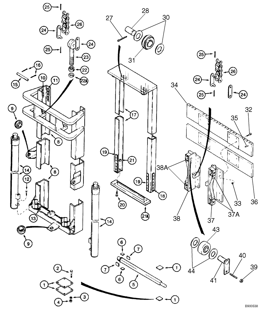 Схема запчастей Case 584E - (9-012) - 4.3 M (14-1/4 FOOT) MAST FOR 584E, MODELS WITH DUAL LIFT CYLINDERS, WITH 31 DEGREE FORWARD MAST TILT (09) - CHASSIS/ATTACHMENTS