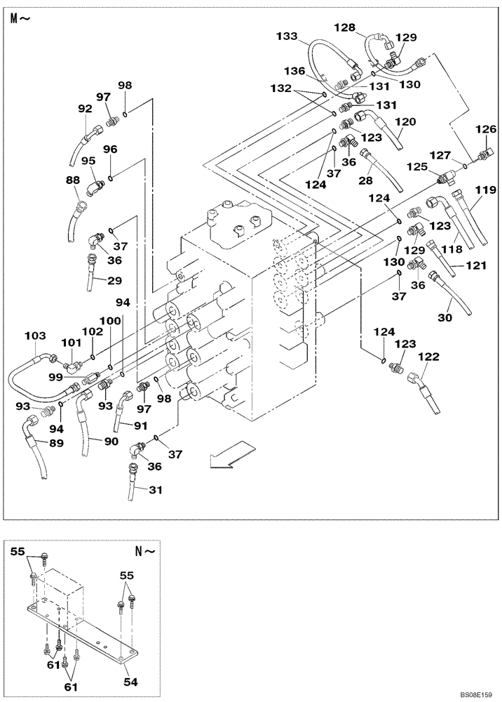 Схема запчастей Case CX350B - (08-38) - PILOT CONTROL LINES, CONTROL VALVE - STANDARD (08) - HYDRAULICS