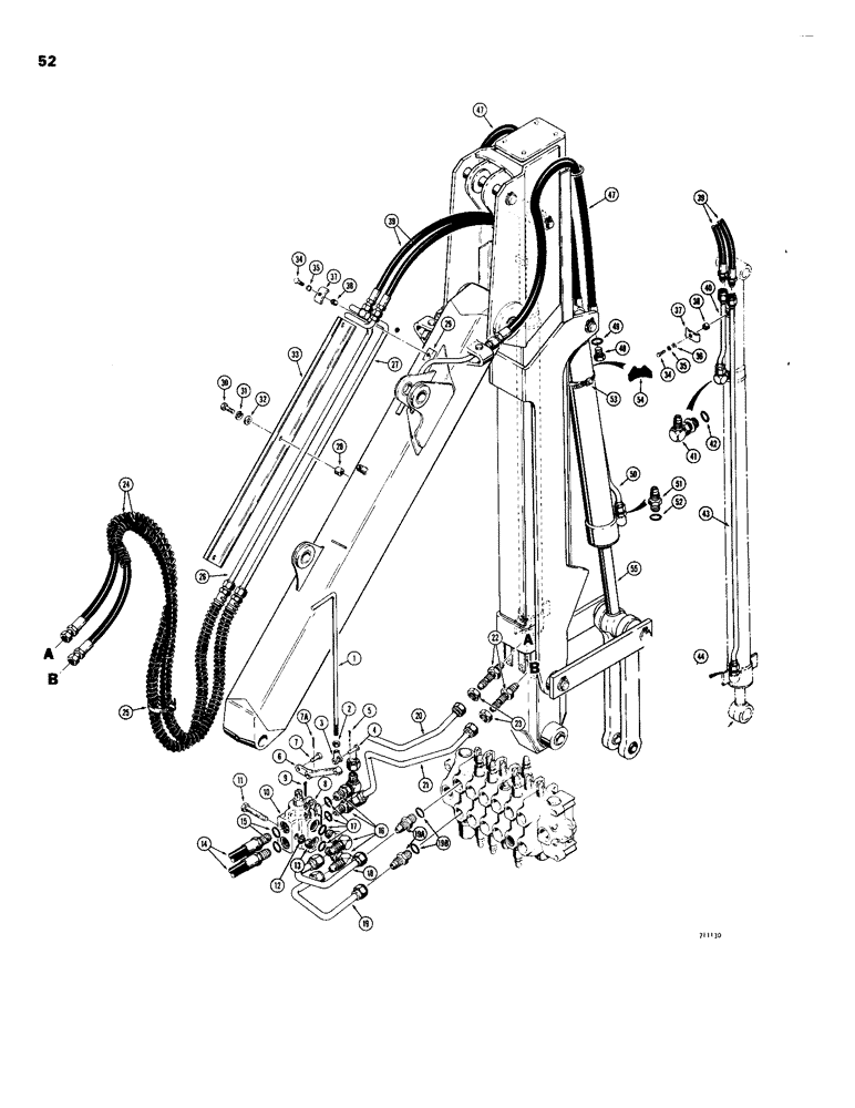 Схема запчастей Case 26B - (052) - HYDRAULIC EXTENDABLE DIPPER, THREE FOOT EXTENSION HYDRAULICS, BEFORE BACKHOE SERIAL NUMBER 5224733 